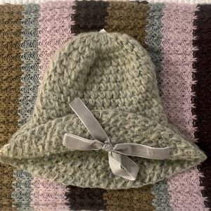 Soft brushed faux mohair hand crocheted cloche with velvet bow